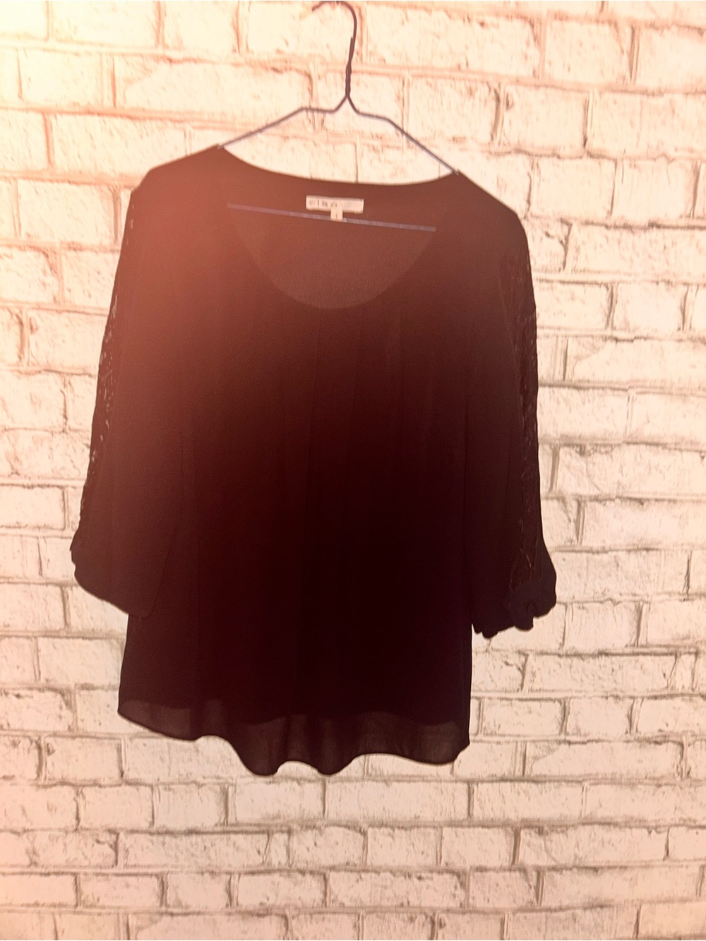 cleo Blue Lace-Sleeve Chiffon Blouse